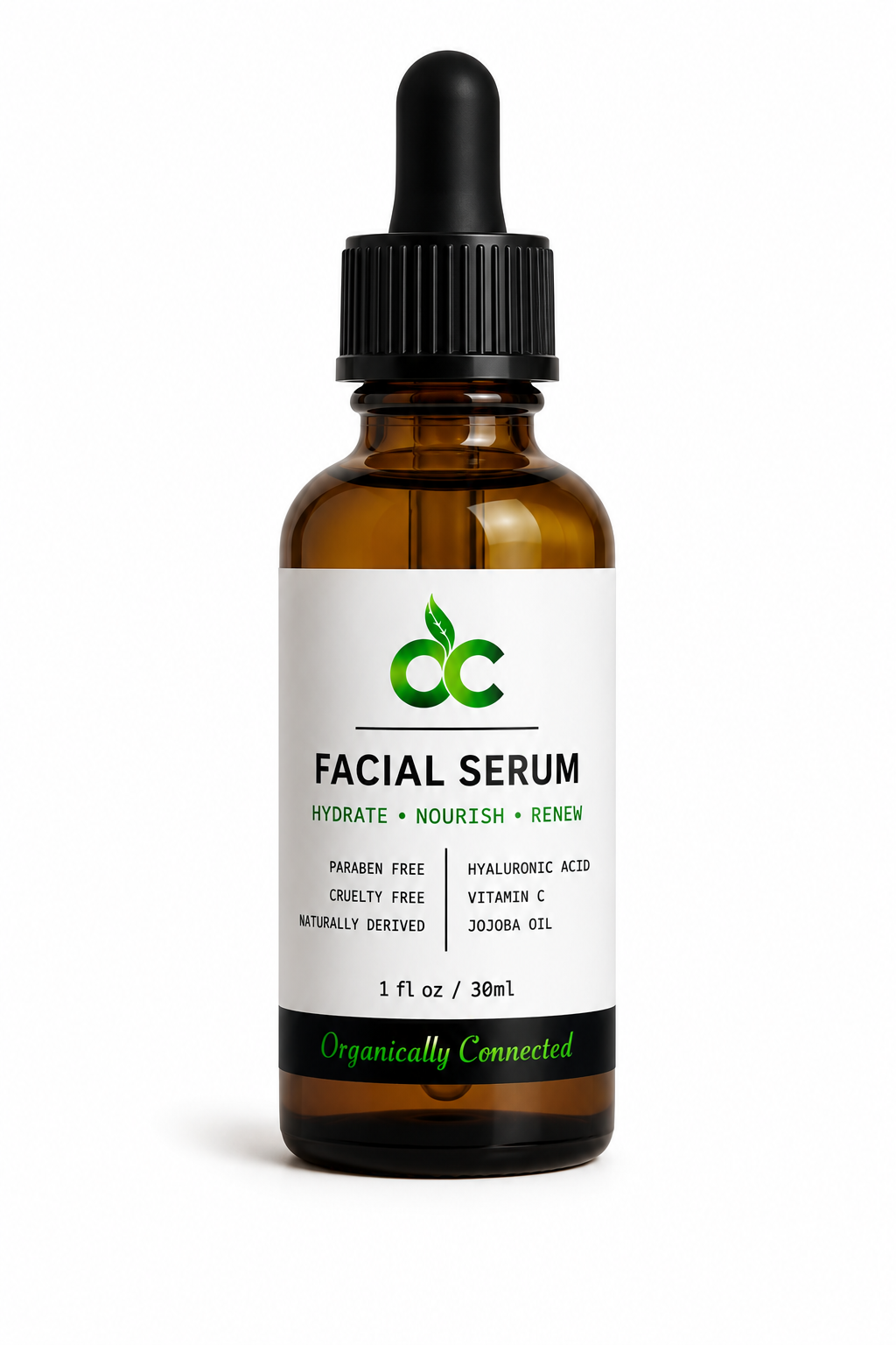 Organic facial serum in glass bottle